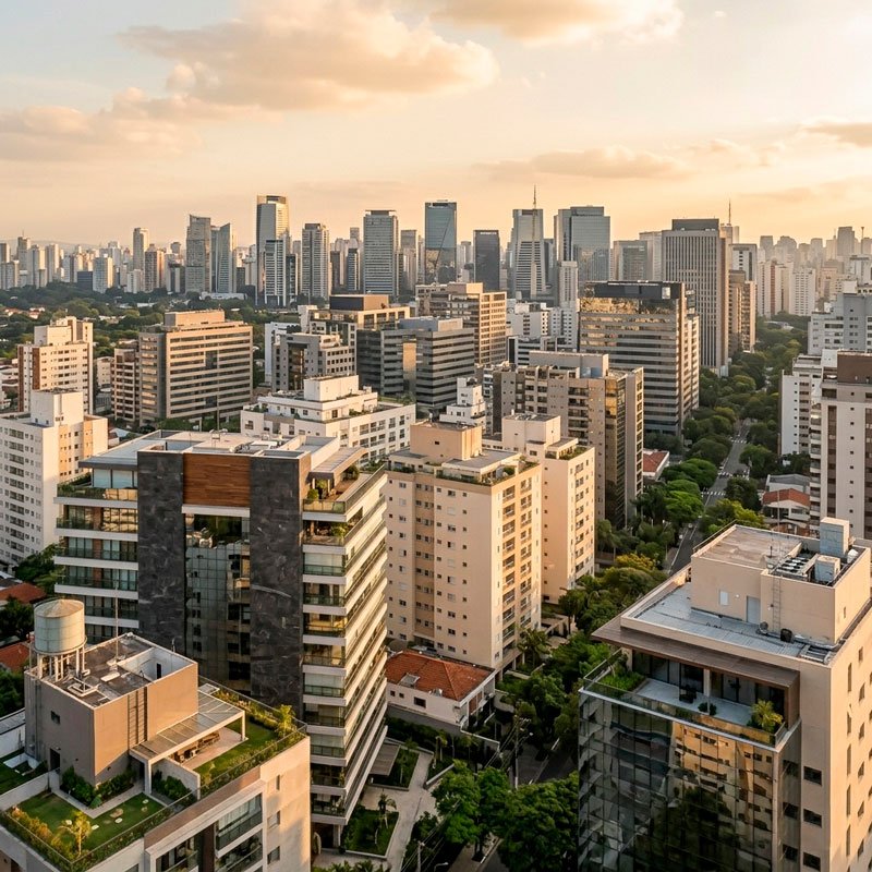 Vista panorâmica de bairro de alto padrão em São Paulo com mix de empreendimentos residenciais e corporativos