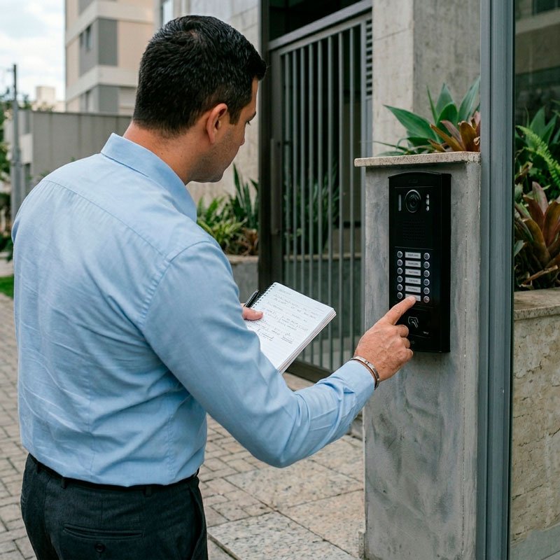 Consultor da Guardfy inspecionando intercom com leitor de acesso em entrada de empreendimento brasileiro