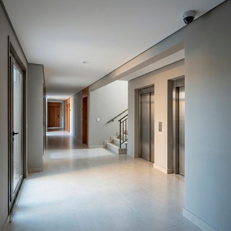 Corredor amplo em condomínio residencial brasileiro com linhas de perspectiva para avaliação de estrutura física e fluxos
