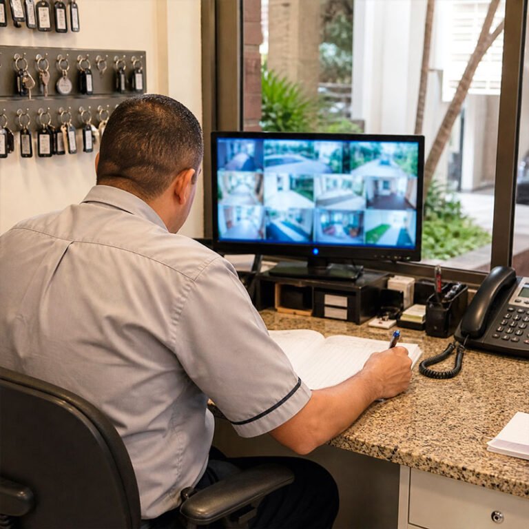 Porteiro de costas trabalhando no balcão da portaria com monitor e livro de registro para avaliação de operação e processos