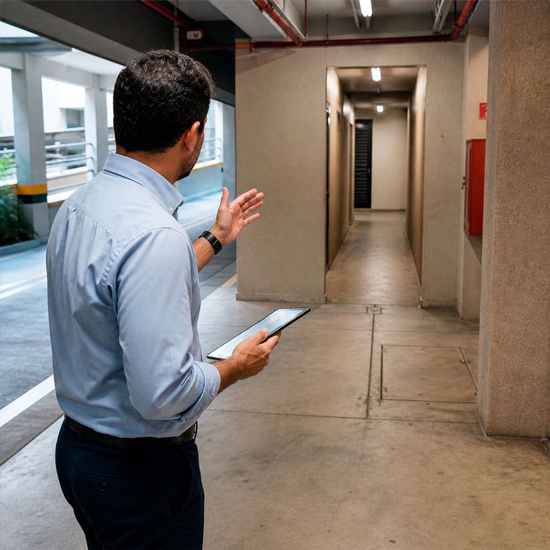 Consultor de segurança caminhando de costas por corredor de edifício segurando tablet para avaliação técnica do local