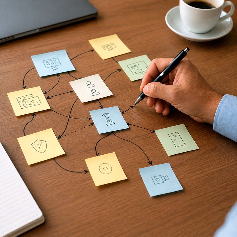 Mão desenhando linhas conectando post-its com anotações sobre mesa de madeira para mapeamento de riscos e oportunidades