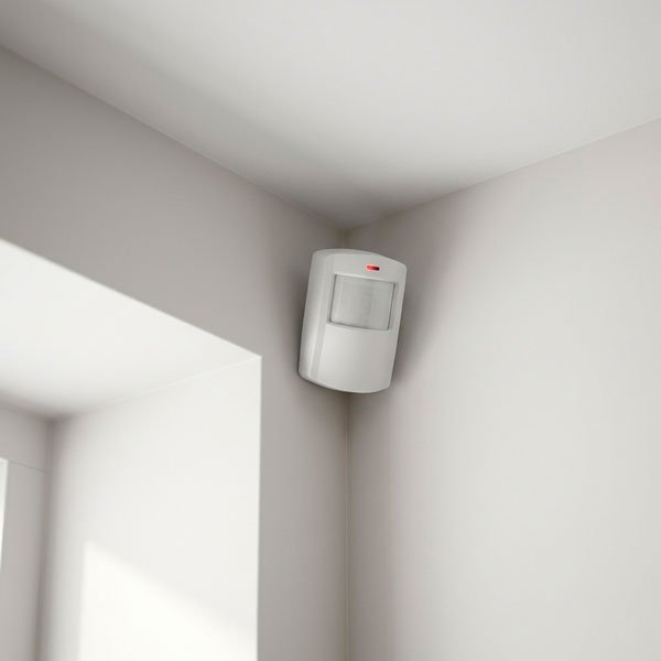 Sensor infravermelho de alarme de intrusão instalado no canto superior de uma parede branca