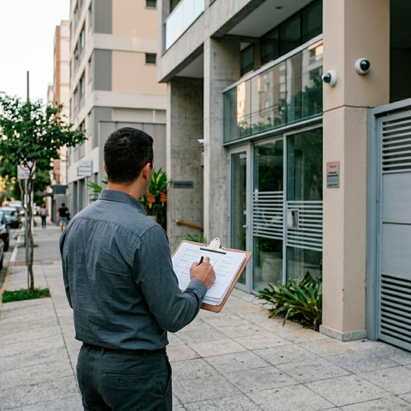 Consultor de segurança da Guardfy realizando análise de vulnerabilidade em frente a condomínio residencial brasileiro