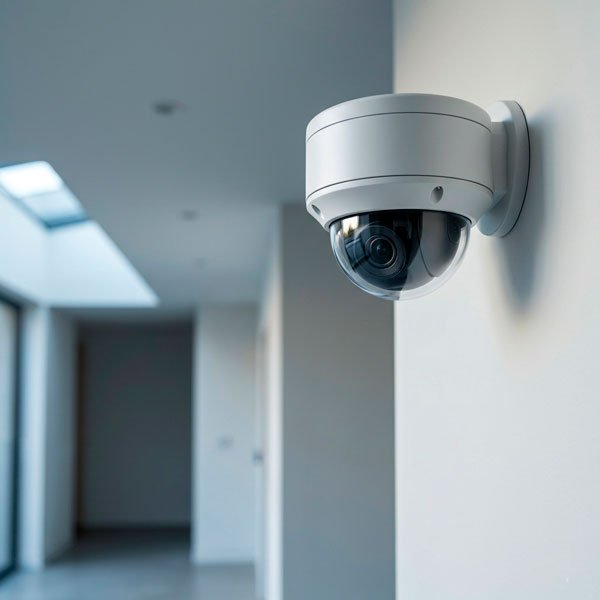 Câmera dome de CFTV instalada em parede de ambiente residencial moderno