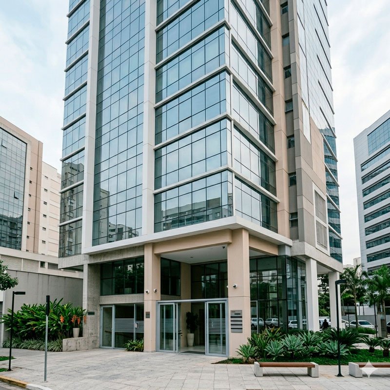 Edifício corporativo moderno em região de negócios brasileira atendido pelo Projeto Integrado de Sistemas de Segurança da Guardfy