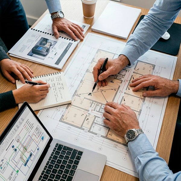 Equipe técnica definindo arquitetura de sistemas de segurança em mesa de trabalho com plantas e diagramas