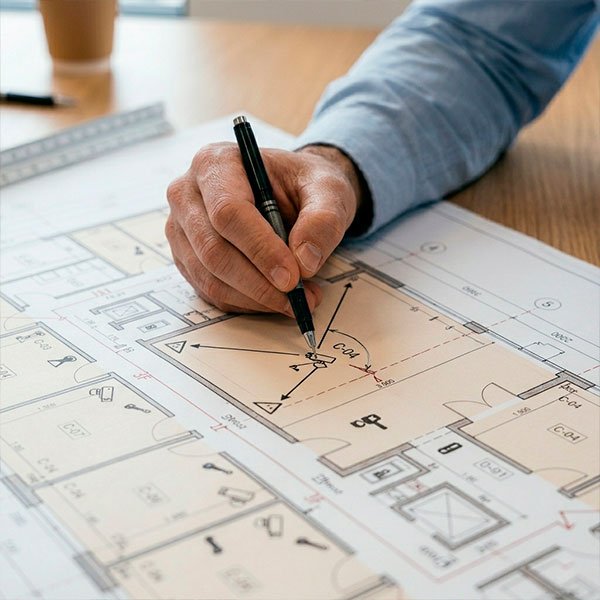 Mão marcando posicionamento estratégico de câmera de segurança em planta técnica do projeto