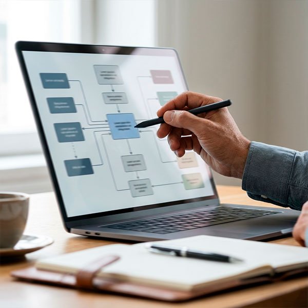 Planejamento técnico de integração entre sistemas de segurança em diagrama de fluxo no laptop