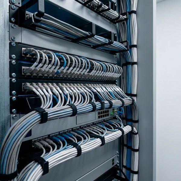 Rack de rede com cabeamento estruturado profissionalmente organizado por cores e identificações