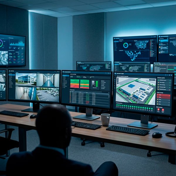 Centro de monitoramento com múltiplos monitores exibindo sistemas integrados de segurança eletrônica