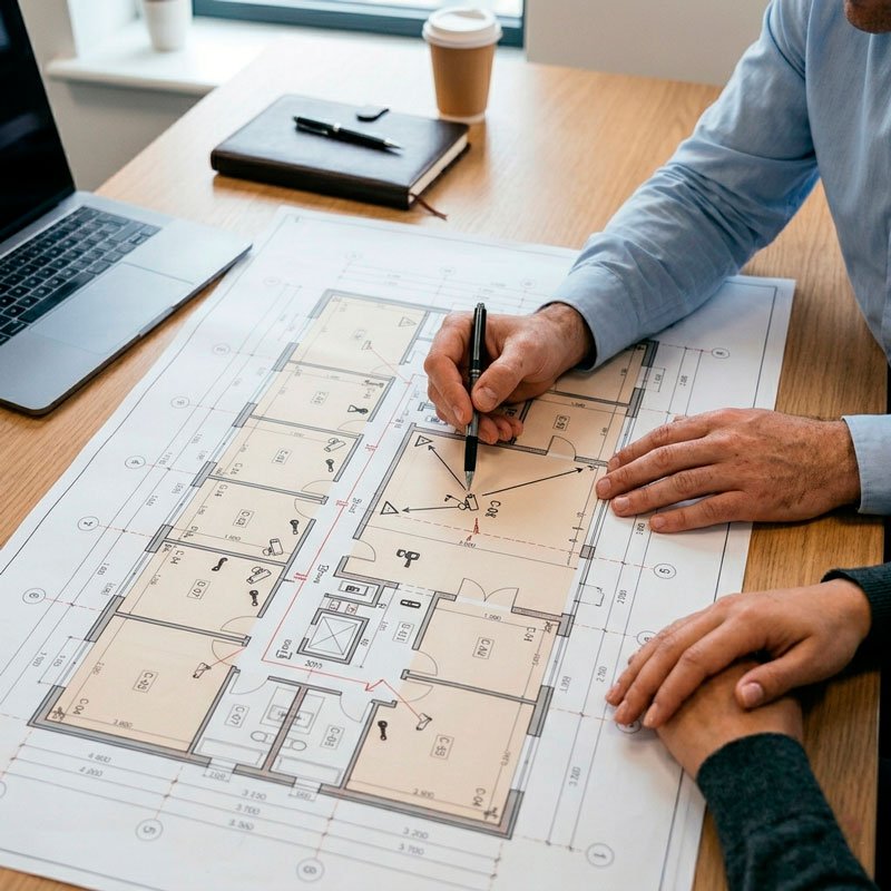 Equipe técnica definindo arquitetura de sistemas de segurança em mesa de trabalho com plantas e diagramas