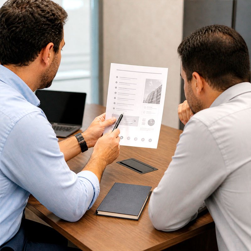 Consultor aponta para documento em reunião com cliente explicando recomendações técnicas priorizadas
