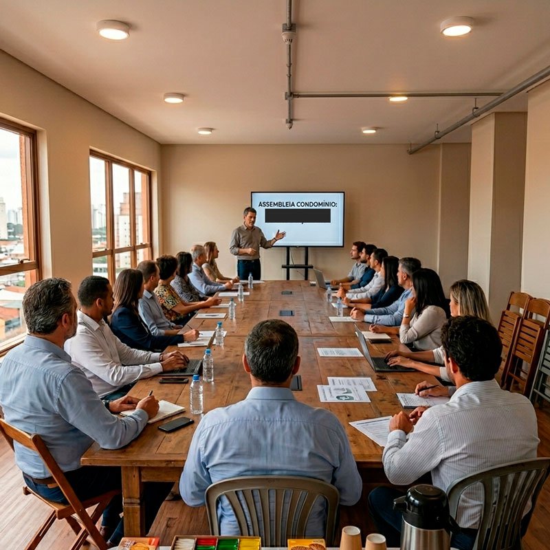 Reunião ampla em sala com várias pessoas ao redor de mesa longa para decisão coletiva sobre segurança patrimonial